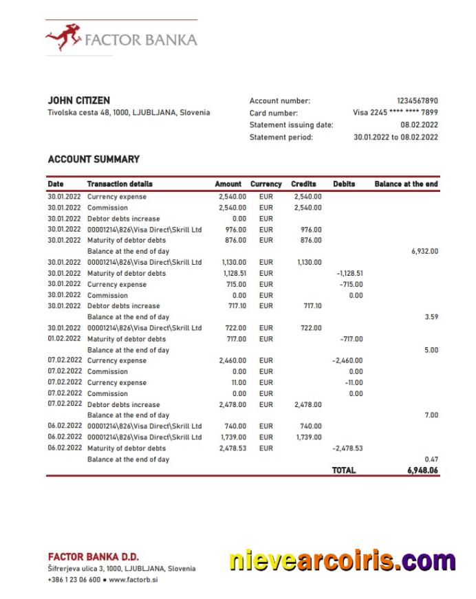 Slovenia Factor Banka bank statement xls